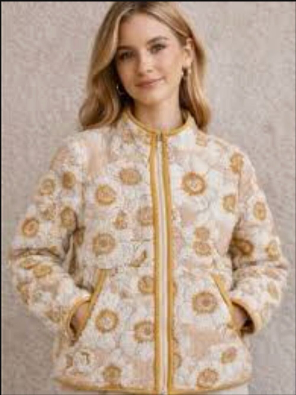 Anthropologie Cream & Tan Tilly Embroidered Floral Sherpa Zip Jacket